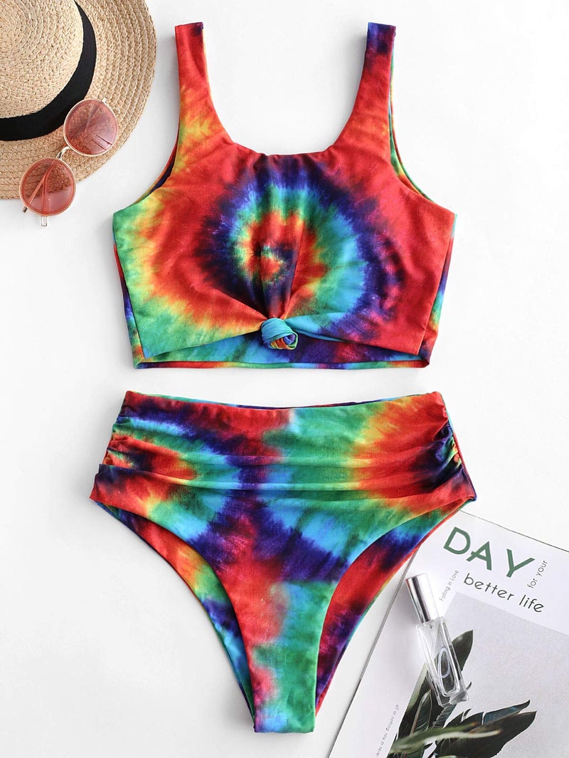 ZAFUL Women's Knot Scoop Neck Bikini Set Ruched High Waisted Two Piece Swimsuits Tankini, Tie Dye, M - Image 3